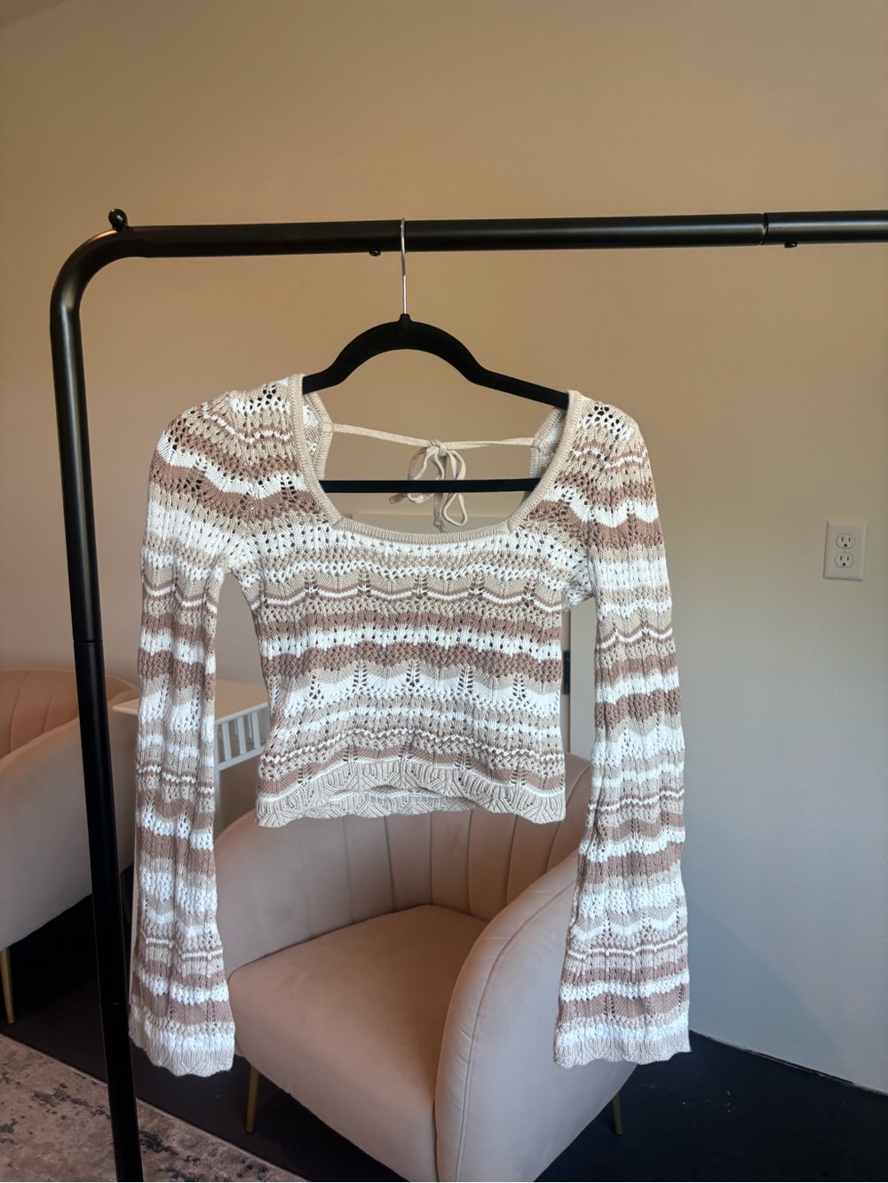 Crochet Striped Tie-Back Crop Top in White & Beige